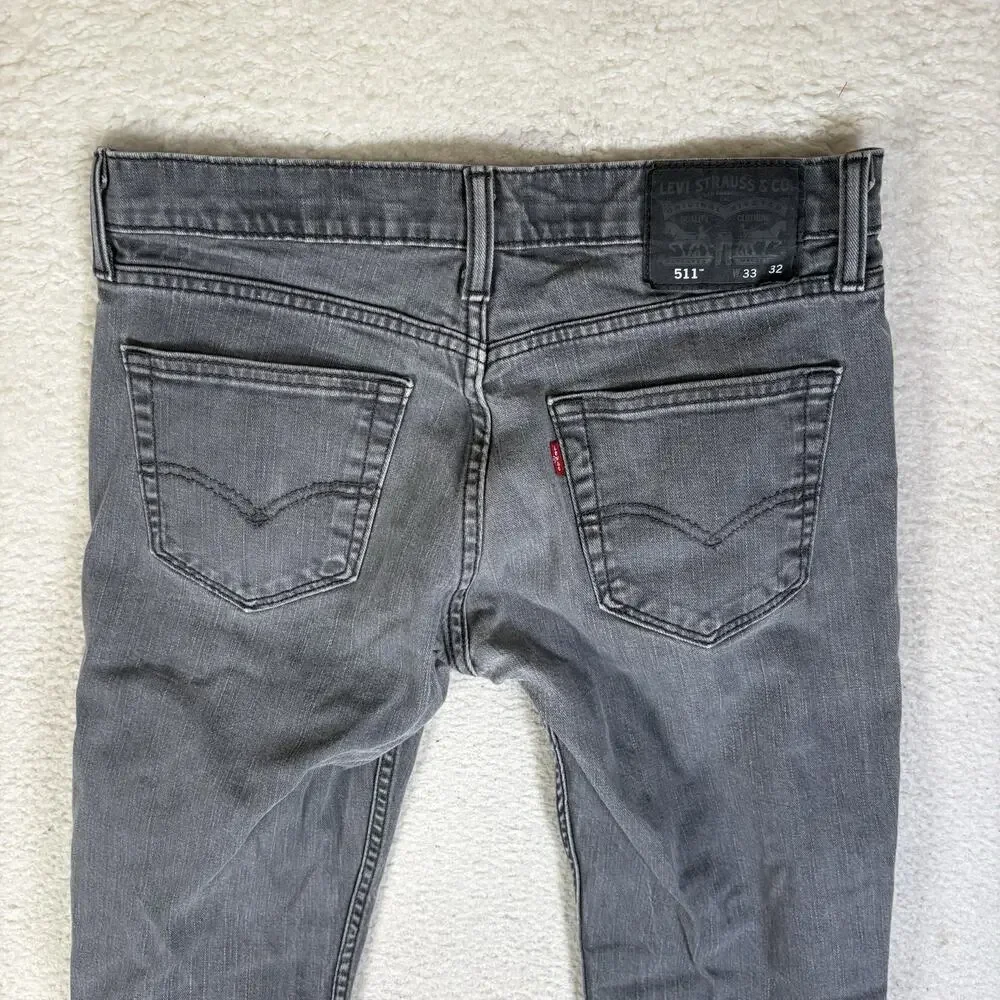 Levis 511 Jeans Mens 33x32 FITS 32x28 Gray Charcoal Wash Slim Fit Stretch Emo